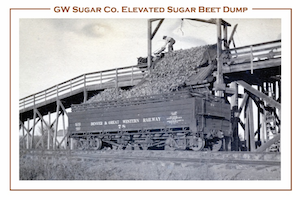 A postcard featuring the GW Sugar Co. Elevated Sugar Beet Dump. Photo features a large rail car with beets being dumped into it from an elevated bridge. 