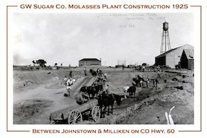 A postcard featuring the GW Sugar Co. Molasses Plant Plant Construction in 1925 located between Johnstown and Milliken on CO Hwy. 60. Photo features a construction are with many workers, wagons and horses surround by several buildings and a water tower.